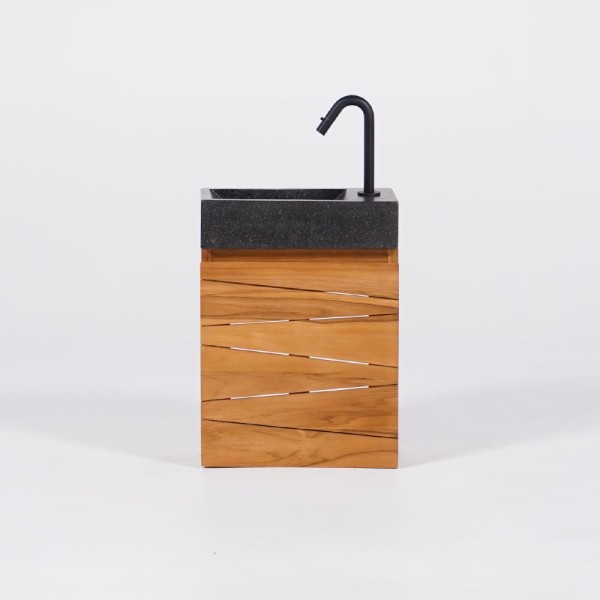Hangwastafel van massief teakhout met zwart terrazzo wastafelblad - Rehana