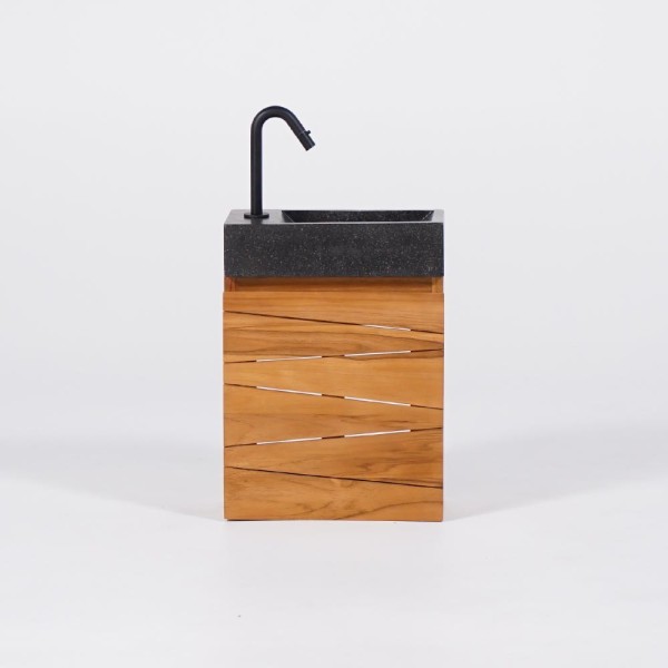 Hangwastafel van massief teakhout met zwart terrazzo wastafelblad - Rehana