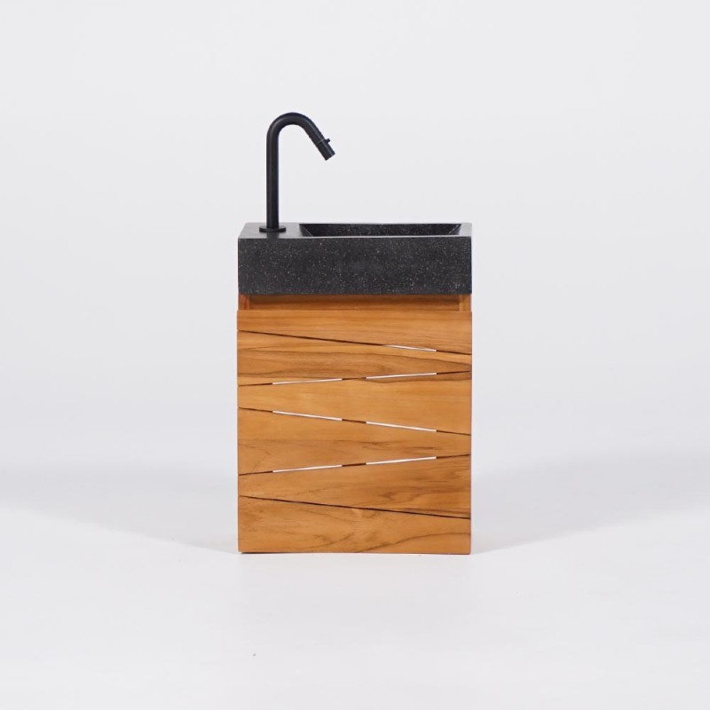 Hangwastafel van massief teakhout met zwart terrazzo wastafelblad - Rehana