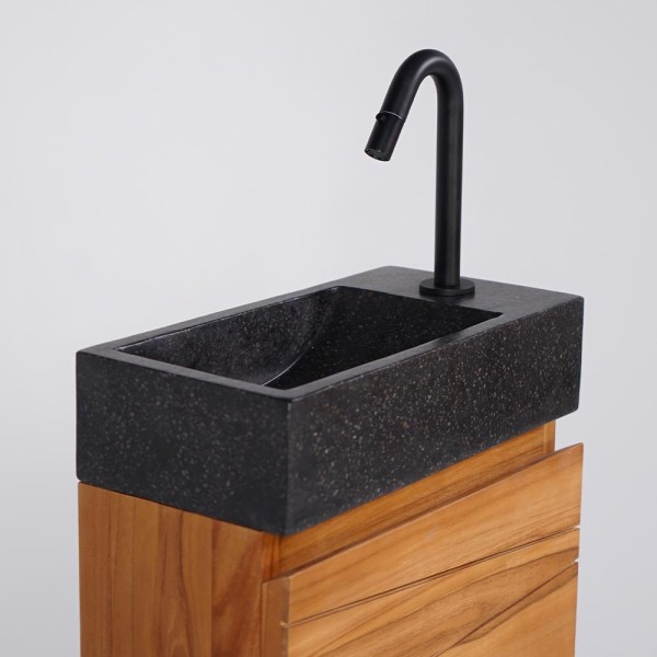 Hangwastafel van massief teakhout met zwart terrazzo wastafelblad - Rehana