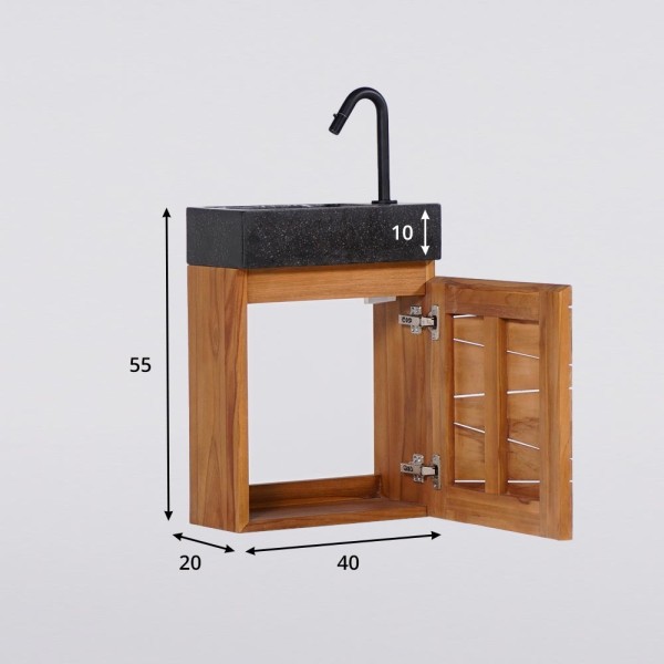 Hangwastafel van massief teakhout met zwart terrazzo wastafelblad - Rehana