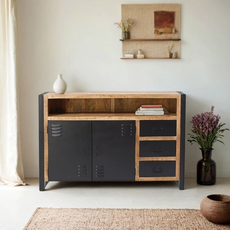 Industrieel massief houten dressoir met 2 deuren en 3 zwart metalen laden 150 cm - Kansas