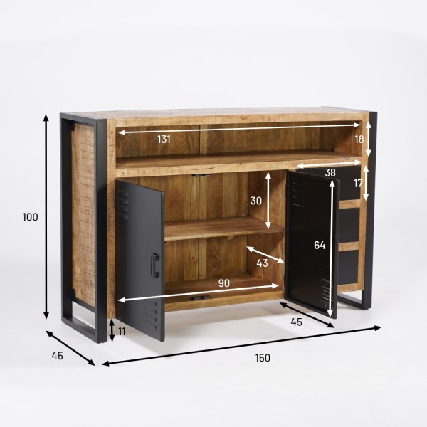 Industrieel massief houten dressoir met 2 deuren en 3 zwart metalen laden 150 cm - Kansas