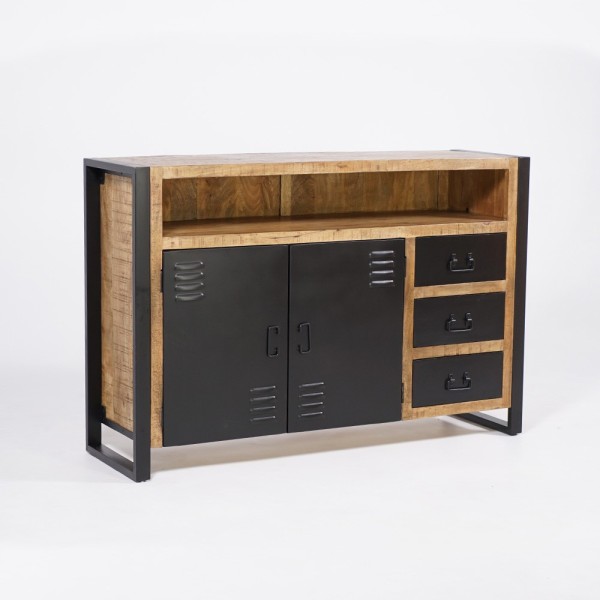 Industrieel massief houten dressoir met 2 deuren en 3 zwart metalen laden 150 cm - Kansas