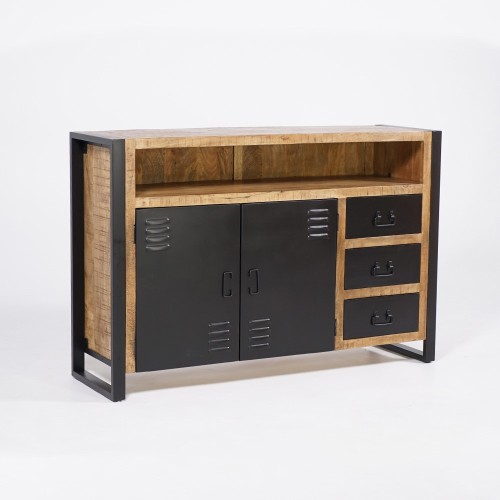 Industrieel massief houten dressoir met 2 deuren en 3 zwart metalen laden 150 cm - Kansas