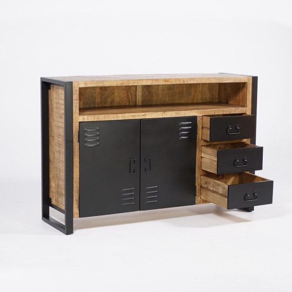 Industrieel massief houten dressoir met 2 deuren en 3 zwart metalen laden 150 cm - Kansas