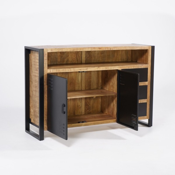 Industrieel massief houten dressoir met 2 deuren en 3 zwart metalen laden 150 cm - Kansas