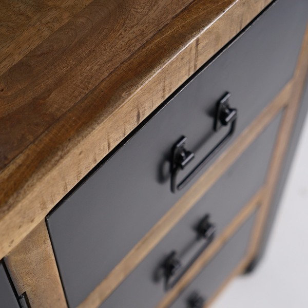 Industrieel massief houten dressoir met 2 deuren en 3 zwart metalen laden 150 cm - Kansas
