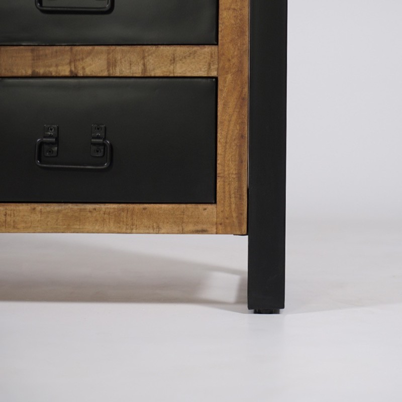 Industrieel massief houten dressoir met 2 deuren en 3 zwart metalen laden 150 cm - Kansas