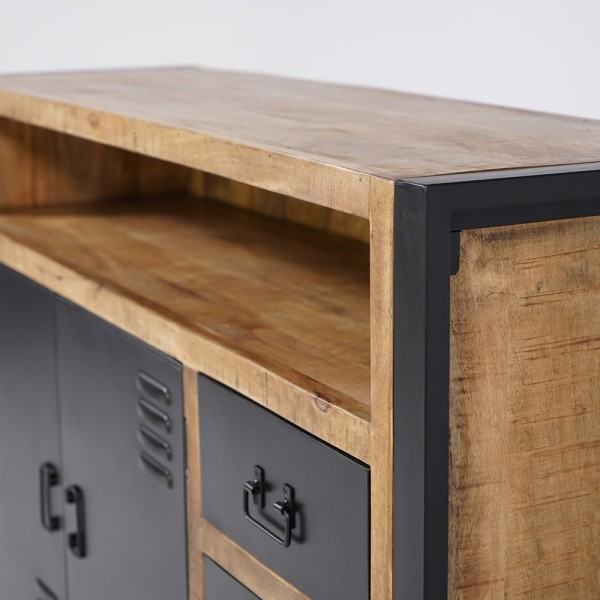Industrieel massief houten dressoir met 2 deuren en 3 zwart metalen laden 150 cm - Kansas