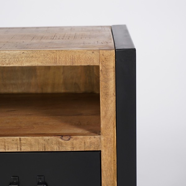 Industrieel massief houten dressoir met 2 deuren en 3 zwart metalen laden 150 cm - Kansas