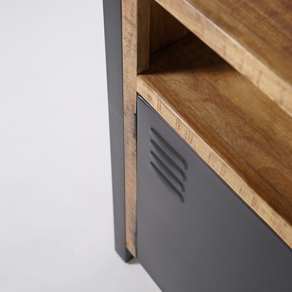 Industrieel massief houten dressoir met 2 deuren en 3 zwart metalen laden 150 cm - Kansas