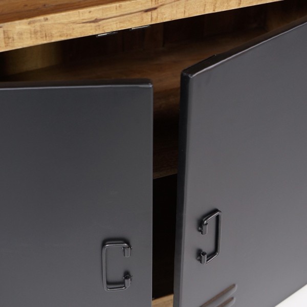 Industrieel massief houten dressoir met 2 deuren en 3 zwart metalen laden 150 cm - Kansas