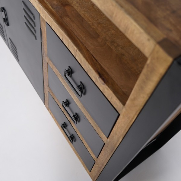 Industrieel massief houten dressoir met 2 deuren en 3 zwart metalen laden 150 cm - Kansas