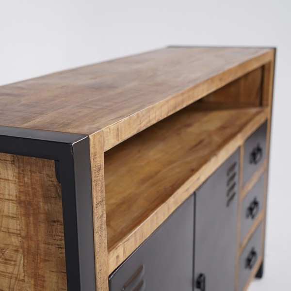 Industrieel massief houten dressoir met 2 deuren en 3 zwart metalen laden 150 cm - Kansas