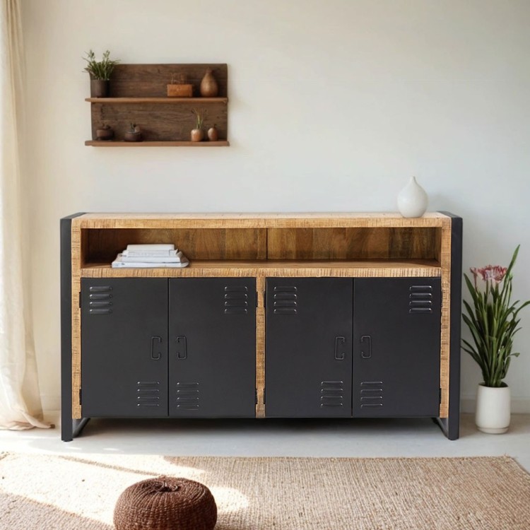 Industrieel massief houten dressoir met 4 zwarte metalen deuren 180 cm - Kansas
