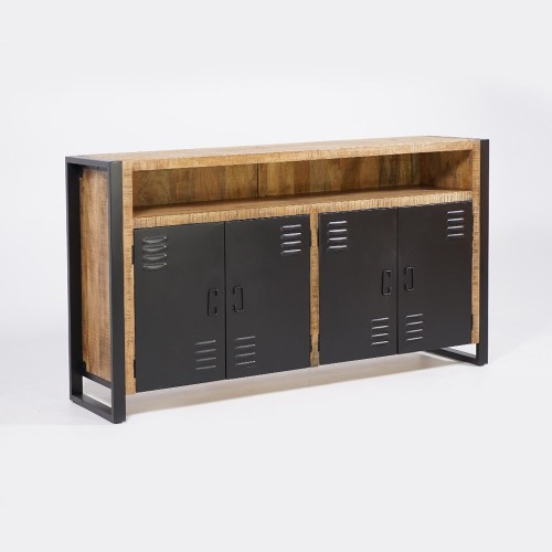 Industrieel massief houten dressoir met 4 zwarte metalen deuren 180 cm - Kansas