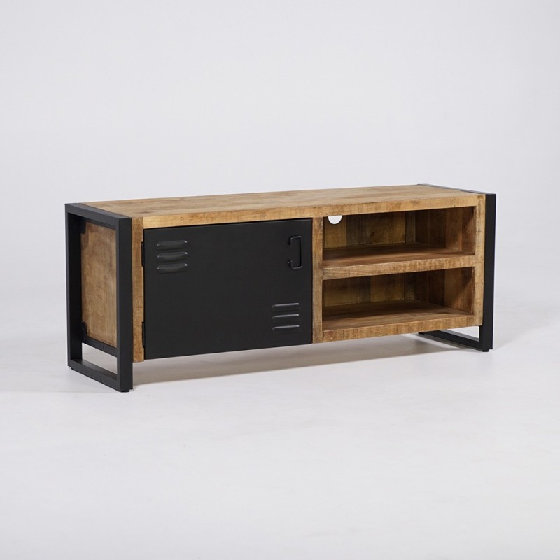 130 cm massief houten industriële kast met zwarte metalen deur - Kansas