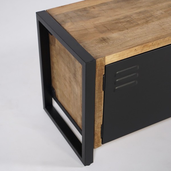 130 cm massief houten industriële kast met zwarte metalen deur - Kansas