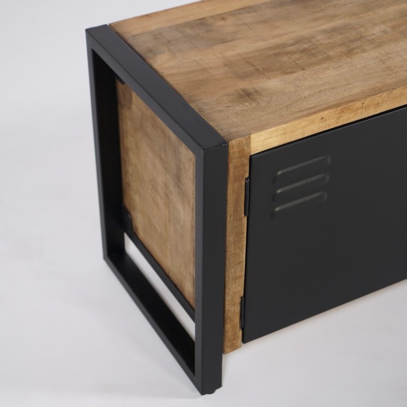 130 cm massief houten industriële kast met zwarte metalen deur - Kansas