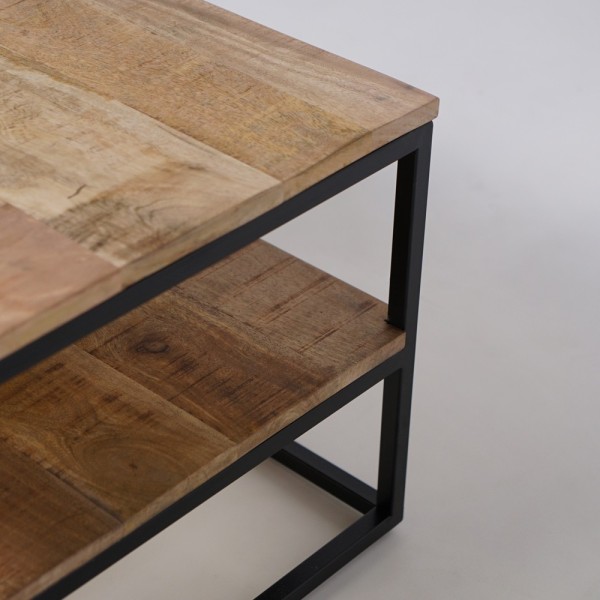 Houten salontafel met metalen onderstel en frame