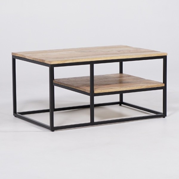 Houten salontafel met metalen onderstel en frame