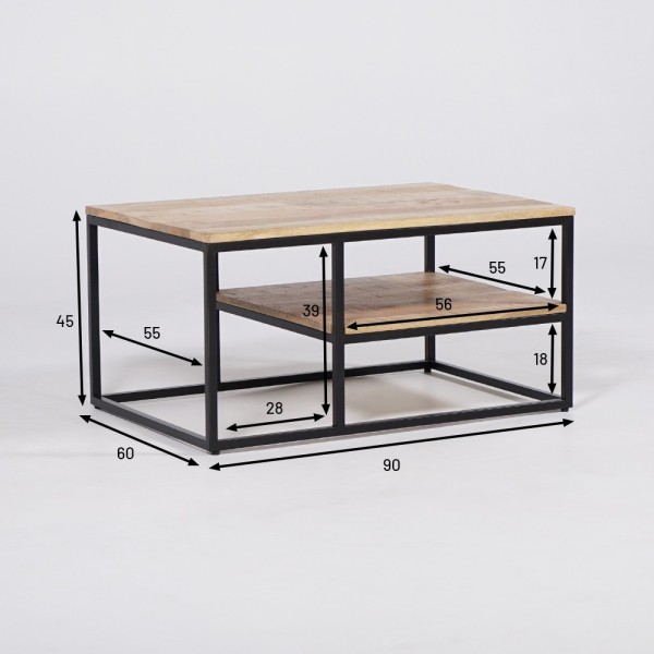 Houten salontafel met metalen onderstel en frame