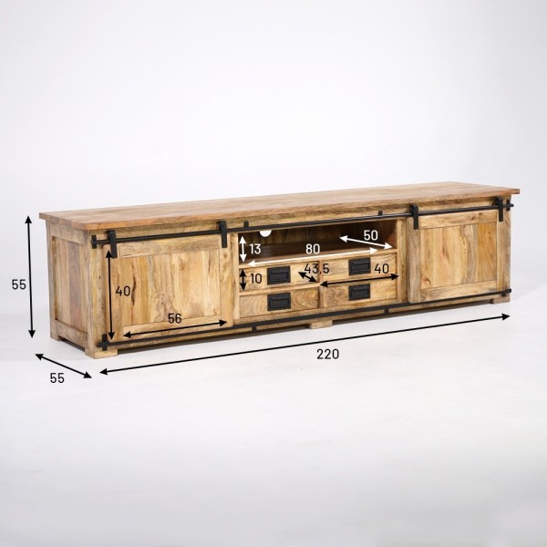 Meuble TV bois massif 220 cm avec porte coulissante - Paris