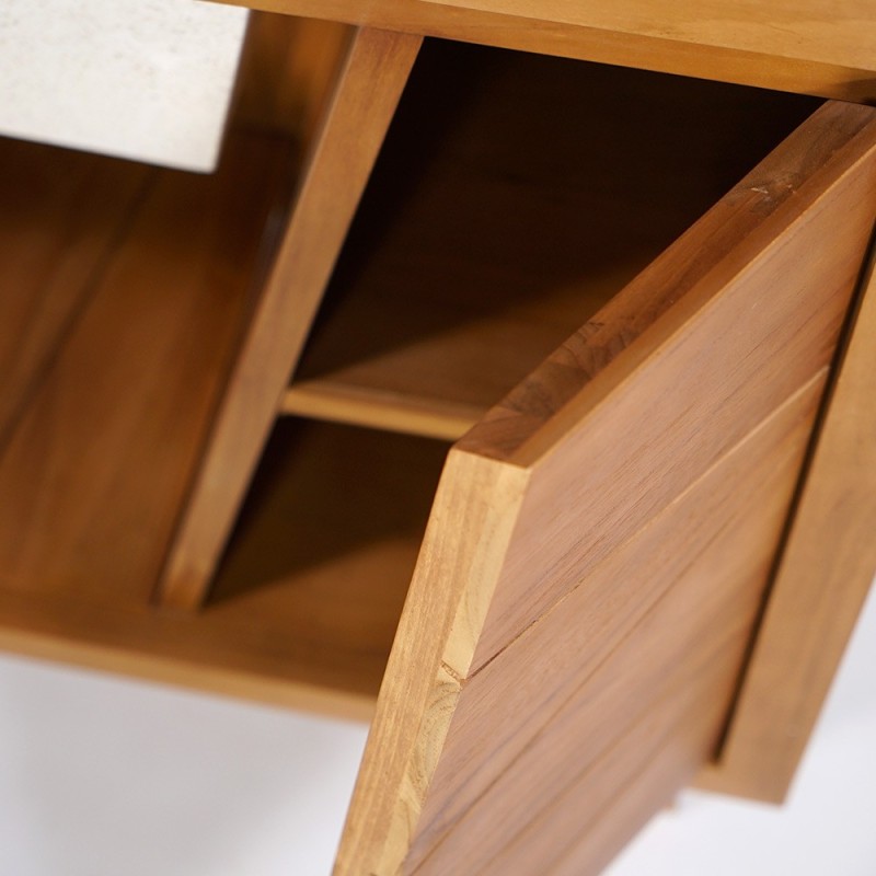 Massief teak badkamermeubel met witte terrazzo dubbele waskommen - Meera