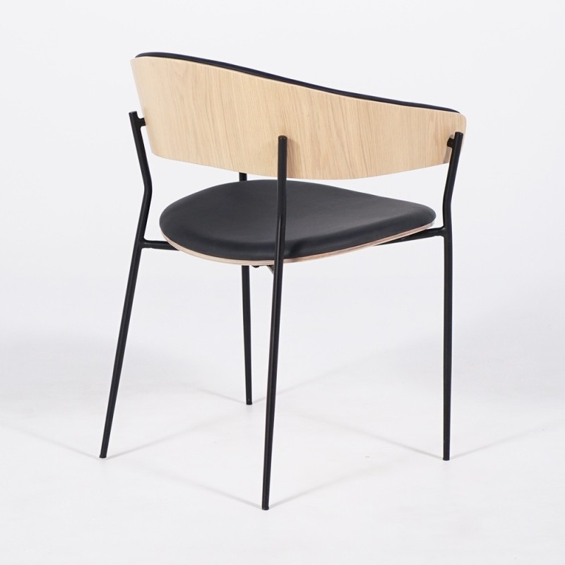 Stoel in zwart leer en eikenhout - Crib