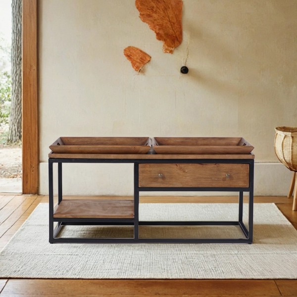 Salontafel in natuurlijk hout met metalen poten - Modula