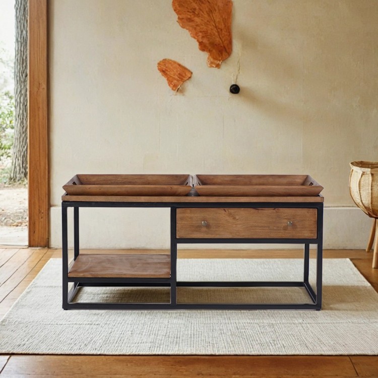 Salontafel in natuurlijk hout met metalen poten - Modula