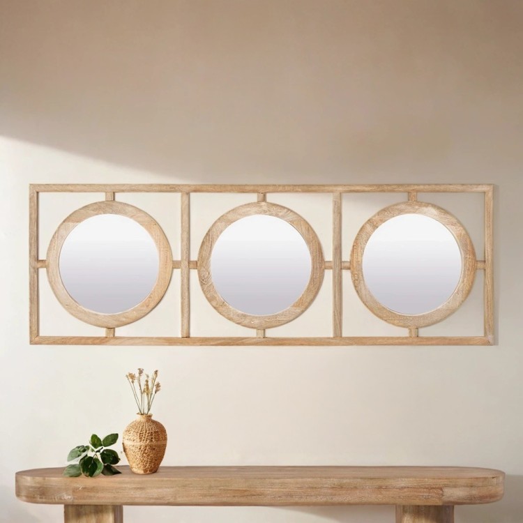 Rechthoekige set ronde spiegels met houten lijst 145 x 50 cm  - Ellipse