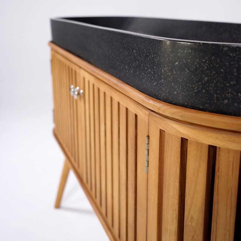 120 cm massief teak badkamermeubel met zwarte terrazzo waskom - Keya