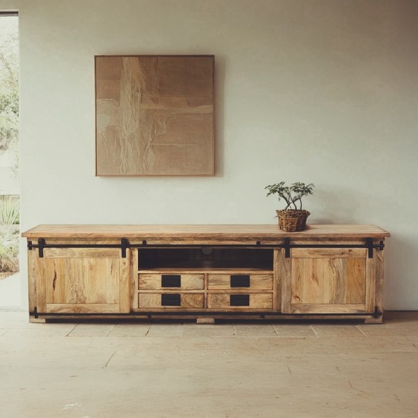 Meuble TV bois massif 220 cm avec porte coulissante - Paris