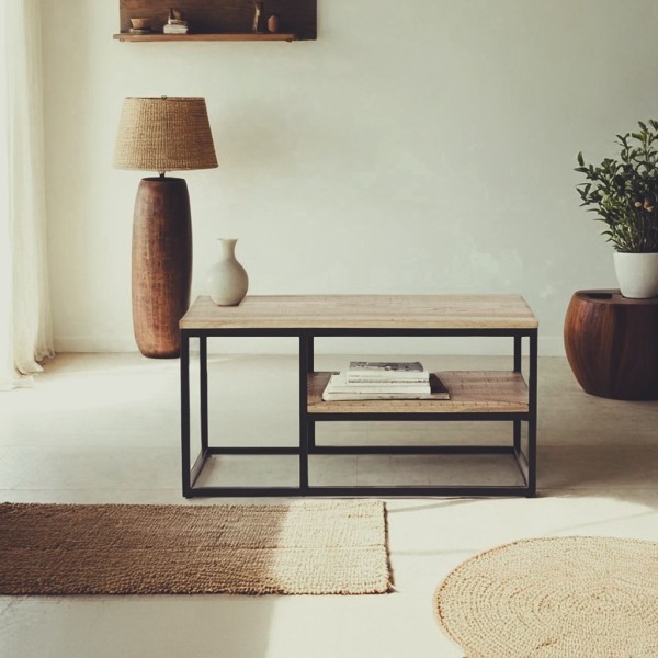 Houten salontafel met metalen onderstel en frame