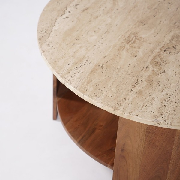 Massief houten salontafel met travertijnen blad