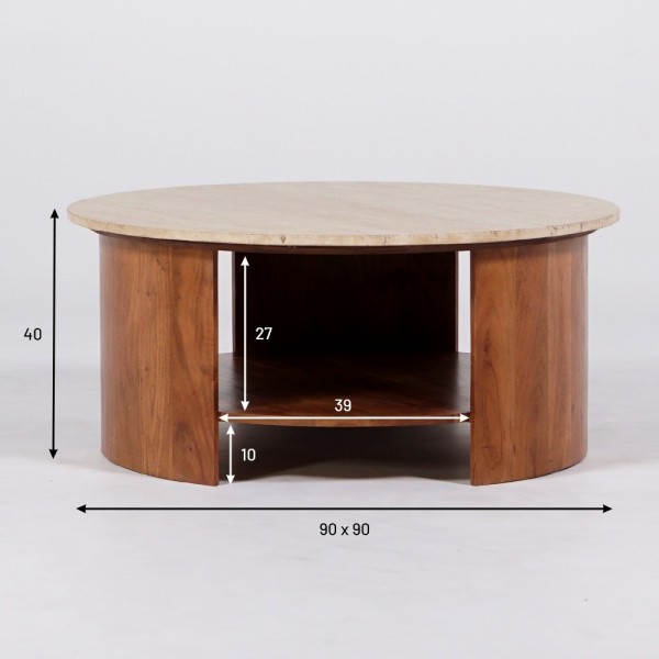 Massief houten salontafel met travertijnen blad