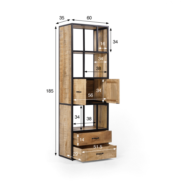 Industriële boekenkast van massief hout 60 x 185 cm – Walter