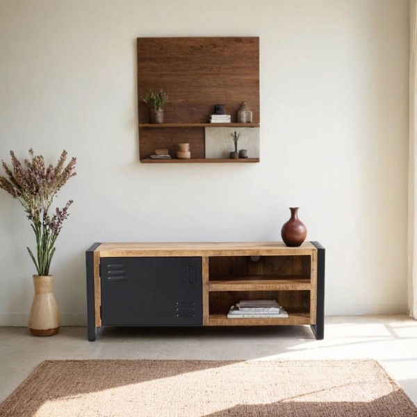 130 cm massief houten industriële kast met zwarte metalen deur - Kansas