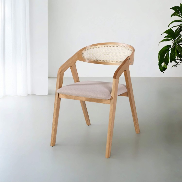 Eetkamerstoel met rugleuning in rotan en witte stof – Seren