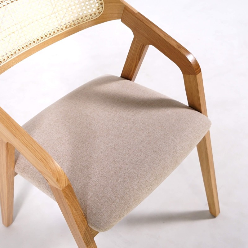 Eetkamerstoel met rugleuning in rotan en witte stof – Seren