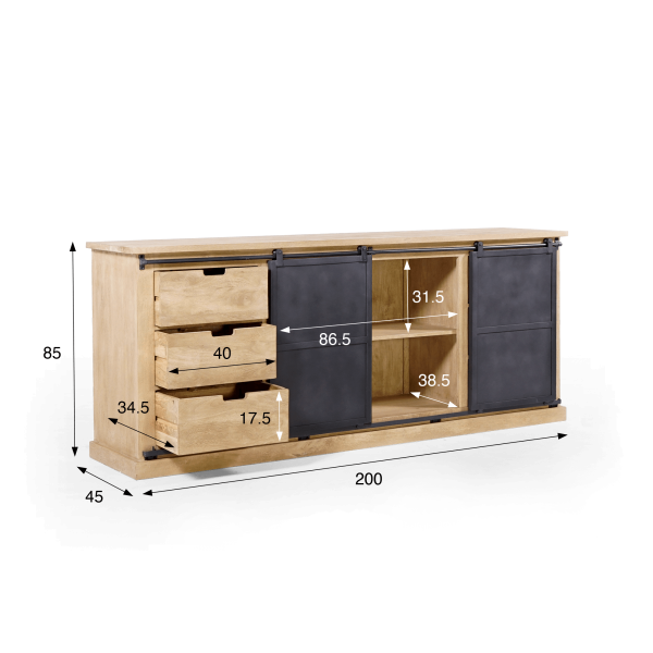 Industrieel dressoir in massief hout en metaal 200 cm – Detroit