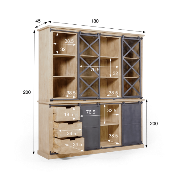 Vitrinekast in industriële stijl van massief hout 180 cm – Detroit
