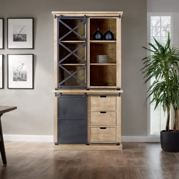 Vitrinekast in massief hout in industriële stijl 100 cm – Detroit