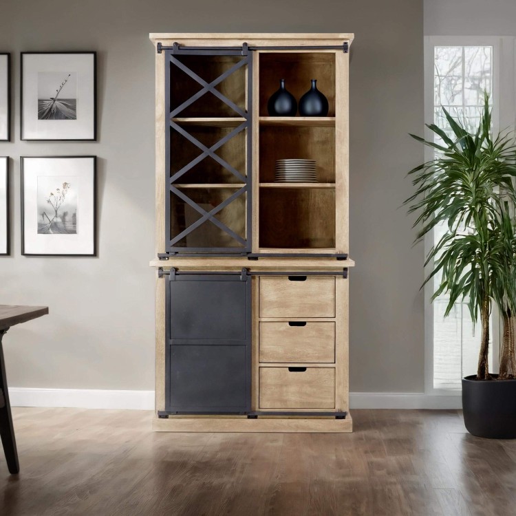 Vitrinekast in massief hout in industriële stijl 100 cm – Detroit