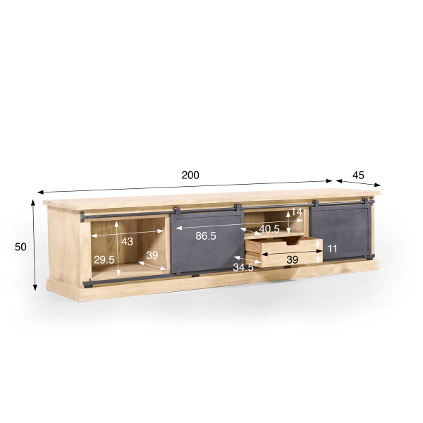Meuble tv bois massif et metal style industriel​ 200 cm - Detroit