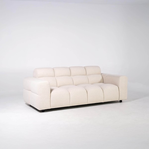 Rechte gecapitonneerde sofa in bouclé stof 2/3-zit – Elda