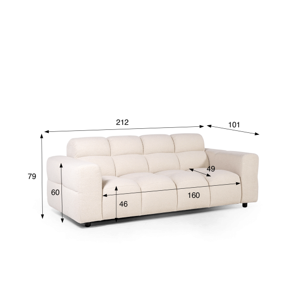 Rechte gecapitonneerde sofa in bouclé stof 2/3-zit – Elda