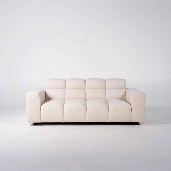 Rechte gecapitonneerde sofa in bouclé stof 2/3-zit – Elda
